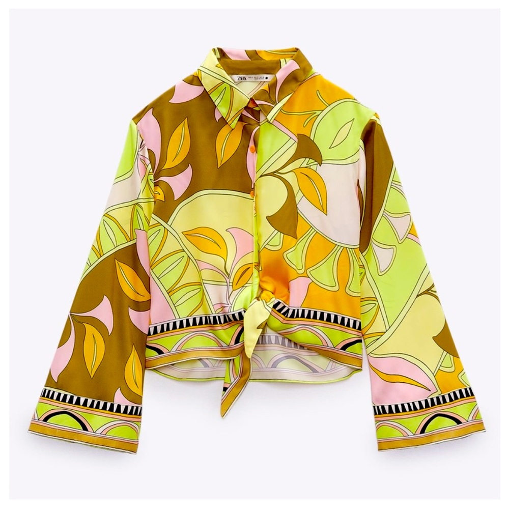 NWT Zara 70s Retro Floral Tie Front Crop Blouse Bell Sleeve S